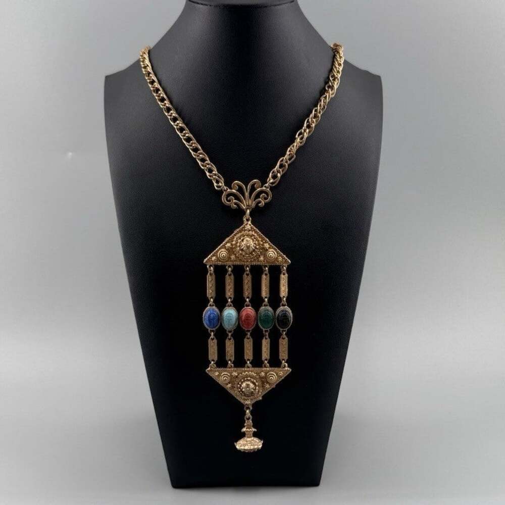 Vintage Egyptian Revival 5 Scarab Necklace Ornate Pendant Gold Tone Unsigned